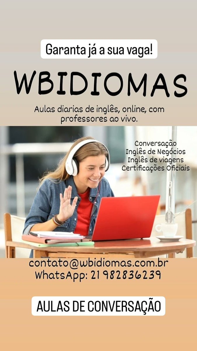 wb_idiomas's tweet photo. Curso de conversação. Aulas dinâmicas, online com professores ao vivo, via plataforma EAD. Material e certificação. Estude no horário de sua conveniência. Whatsapp: 21 98283 6239 / contato@wbidiomas.com.br #aulasdeconversação #aulaemcasa #inglesonline #inglescorporativo https://t.co/d6kv9Ni1Kd