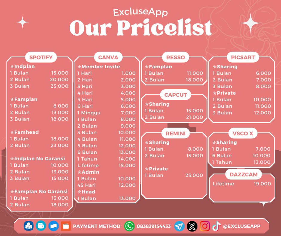 ExcluseApp's tweet image. Hello dear, sekarang「 ✦ 𝐄𝐱𝐜𝐥𝐮𝐬𝐞𝐀𝐩𝐩 ✦ 」sudah open order dari X nii.(❀❛ ֊ ❛„)♡
Ini dia pricelist yang「 ✦ 𝐄𝐱𝐜𝐥𝐮𝐬𝐞𝐀𝐩𝐩 ✦ 」sediakan buat kamu warga X. Untuk order kalian bisa dm atau chat ke sini ya
🛍️bit.ly/Chat-ExcluseApp
#zonauang #ZonaBA #zonajajan