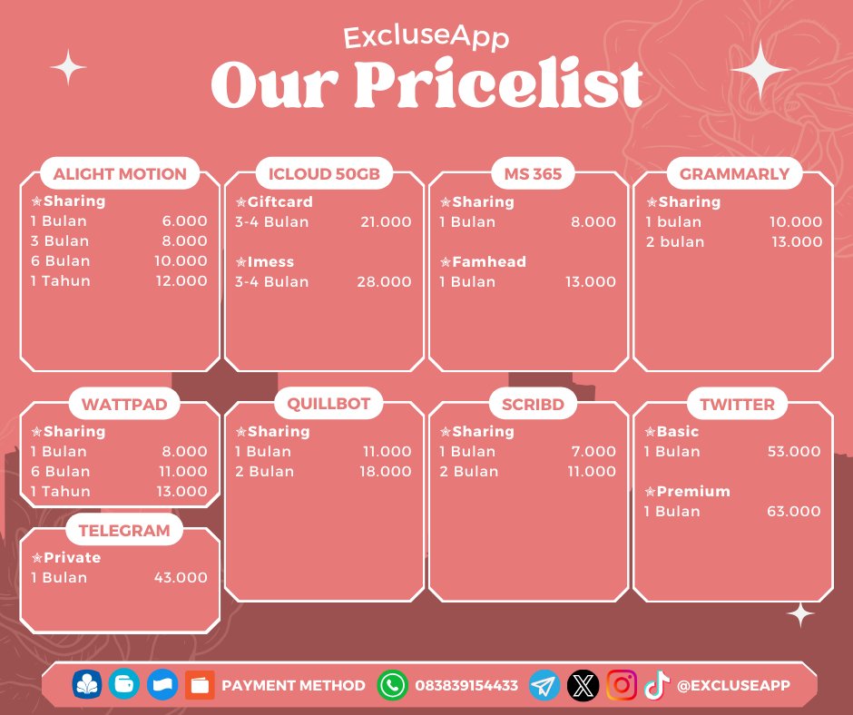 ExcluseApp's tweet image. Hello dear, sekarang「 ✦ 𝐄𝐱𝐜𝐥𝐮𝐬𝐞𝐀𝐩𝐩 ✦ 」sudah open order dari X nii.(❀❛ ֊ ❛„)♡
Ini dia pricelist yang「 ✦ 𝐄𝐱𝐜𝐥𝐮𝐬𝐞𝐀𝐩𝐩 ✦ 」sediakan buat kamu warga X. Untuk order kalian bisa dm atau chat ke sini ya
🛍️bit.ly/Chat-ExcluseApp
#zonauang #ZonaBA #zonajajan
