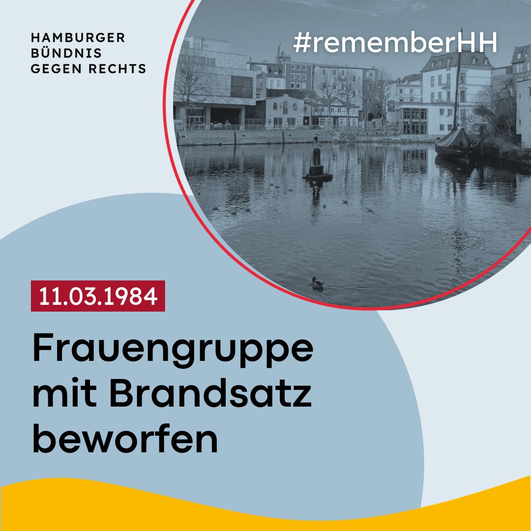 H_B_g_R_Info's tweet photo. 11.03.1984
Frauengruppe wird mit Brandsatz beworfen
Auf das Büro der GAL-Bergedorf, in dem eine Frauengruppe tagt, wird ein Brandsatz geworfen. Die Frauen können sich durch die Flammen ins Freie retten.
#rememberhh #otd #hbgr #nonazishh https://t.co/lnb0oSfzbh