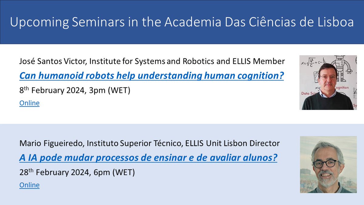 This Thursday our member @Jose_SV_ will deliver a talk at the @acadcienciaslx on 'Can humanoid robots help understanding human cognition?'

📅 8th February, 3pm (WET)
🔗 more info: tinyurl.com/yk6nxm6j
🔗 to join online: tinyurl.com/2p9w95ab