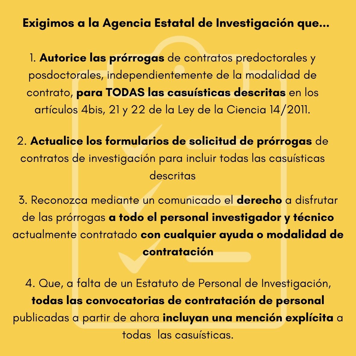 @AgEInves @CienciaGob 📋Exigimos a la @AgEInves y al Ministerio @CienciaGob que no penalice al personal investigador que cuida, llevando a cabo las siguientes medidas: