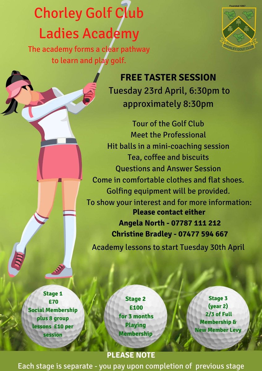 Ladies get in to Golf this year with @ChorleyGolfClub, come along to our free ladies taster session on 23rd April for more information please contact me directly. #ladieswhogolf #getintogolf #golflife