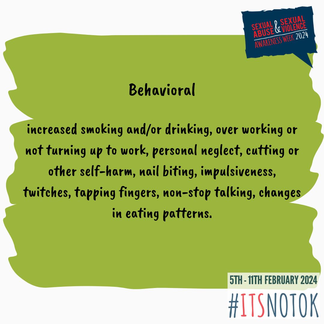 Day 2 of Sexual Violence Awareness Week and we're talking about the reactions people have to trauma.
These are so varied and not limited to the ones we've listed. Please know, whatever your reaction is, it's normal and NEVER your fault.
#ItsNotOk #sexualviolenceawarenessweek