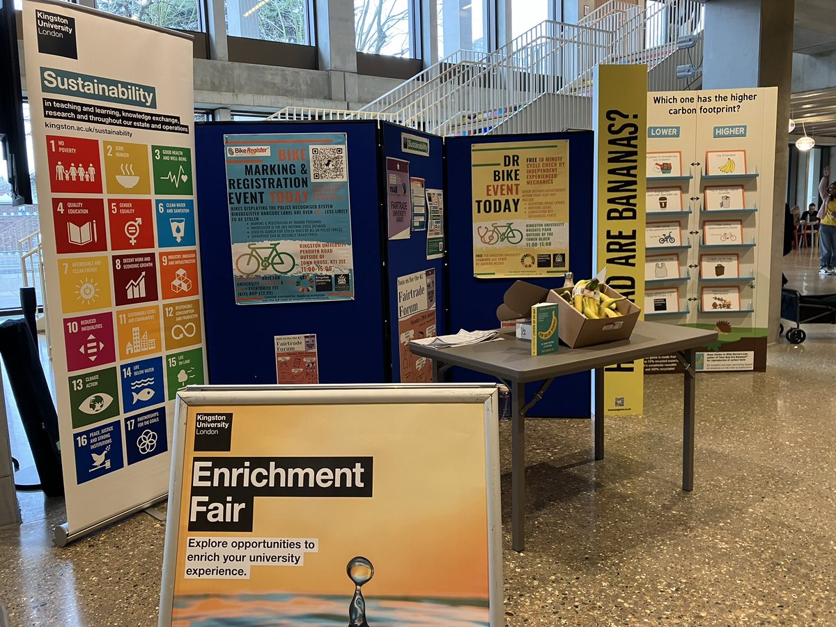 KUsustainable's tweet photo. Our Sustainability team are @KingstonUni Enrichment Fair today at Town House, 11:30-14:30. Come down and say hi and play out How Bad Are Bananas? Game. https://t.co/JyJ0nNetfN