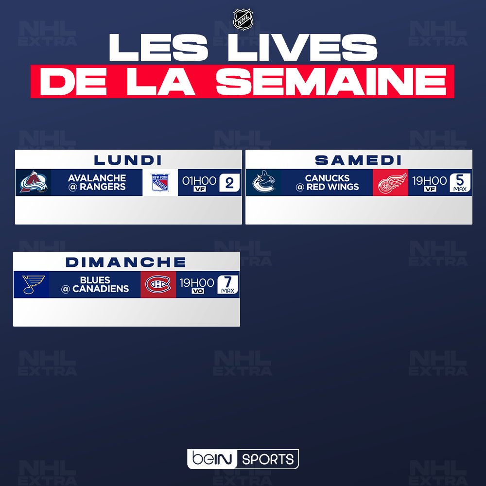 PenguinZac's tweet photo. 📺 Programmation #NHLextra 📺

Voici les 3 matchs 🏒 à retrouver du 5 au 11 février sur @beinsports_FR (sous réserve de modification)

🎙️ Matchs en VF
- Avalanche @ Rangers (05/02)
J-C.Sabattier &amp; J.Pourtanel
- Canucks @ Red Wings (10/02)
@pa_75 https://t.co/qcXAIDrxRO