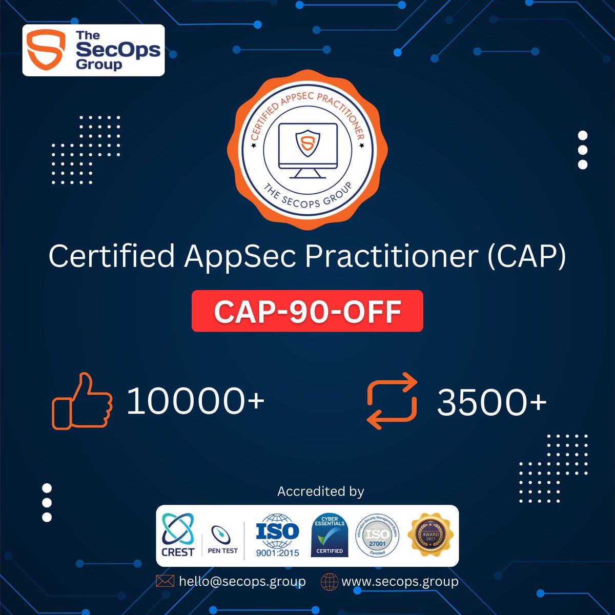 TheSecOpsGroup's tweet photo. 🙏Your response to our free CAP exam campaign was phenomenal! In just a few days, we surpassed our goal with over 10,000 registrations. All thanks to your overwhelming support. 🤝

For those who missed the opportunity to secure 100% off, we've got something special for you!

🔖Use code CAP-90-OFF to enjoy an exclusive 90% discount on the CAP exam. 🎁

Know more about our CAP Exam-https://t.co/yjynbQX7qL