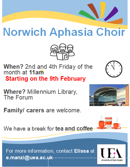 Our aphasia choir starts this Friday 9th Feb! Run by the #SLT department and students and in collaboration with <a href="/MillenniumLib/">Norfolk & Norwich Millennium Library</a>, the choir is open to anyone with aphasia in the local area. Please do share widely <a href="/TheStrokeAssoc/">Stroke Association</a> <a href="/StrokeCenEast/">Stroke East CEN</a> <a href="/NorfolkWHeadway/">Norfolk Headway</a> <a href="/RCSLT/">RCSLT 💙</a> <a href="/UEA_Health/">School of Health Sciences</a>