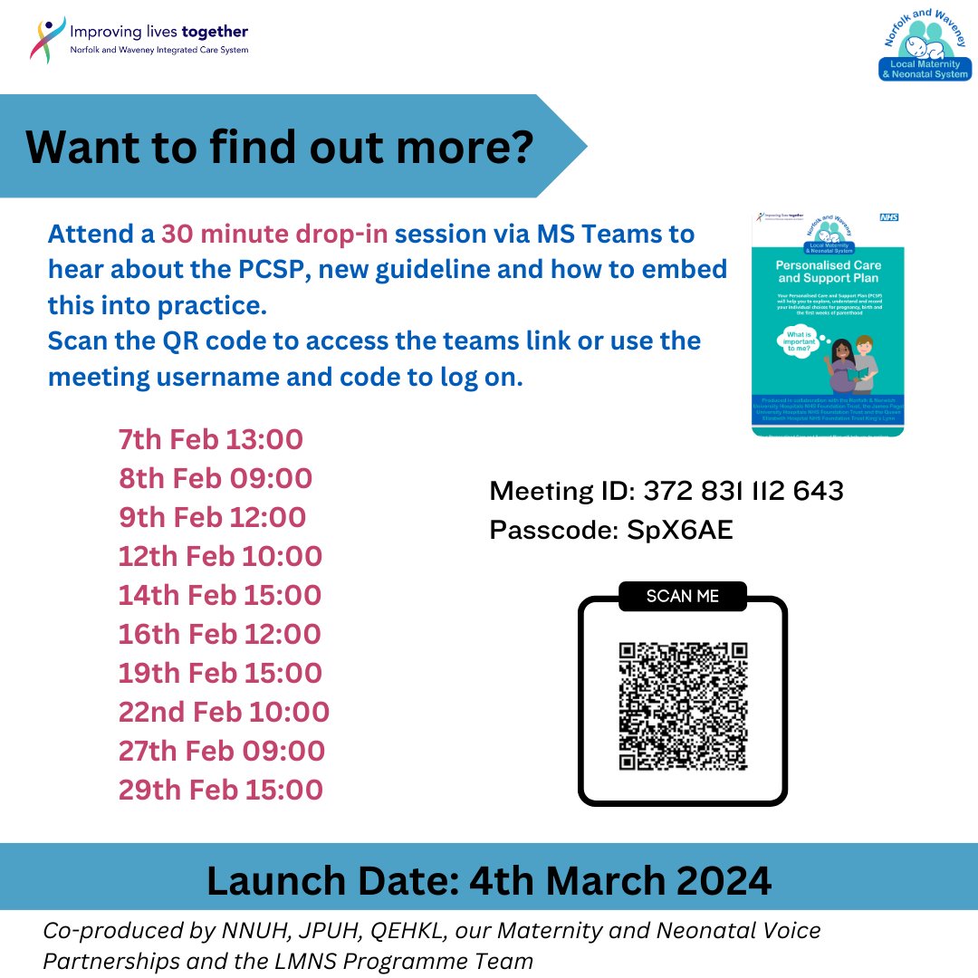 Calling all Norfolk & Waveney Obstetric/ Maternity staff📢 Attend a bite-sized webinar this month on the new PCSP's being launched across our Trusts on 4th March. Use the meeting ID and passcode on MS Teams to join! #PersonalisedCareandSupportPlans