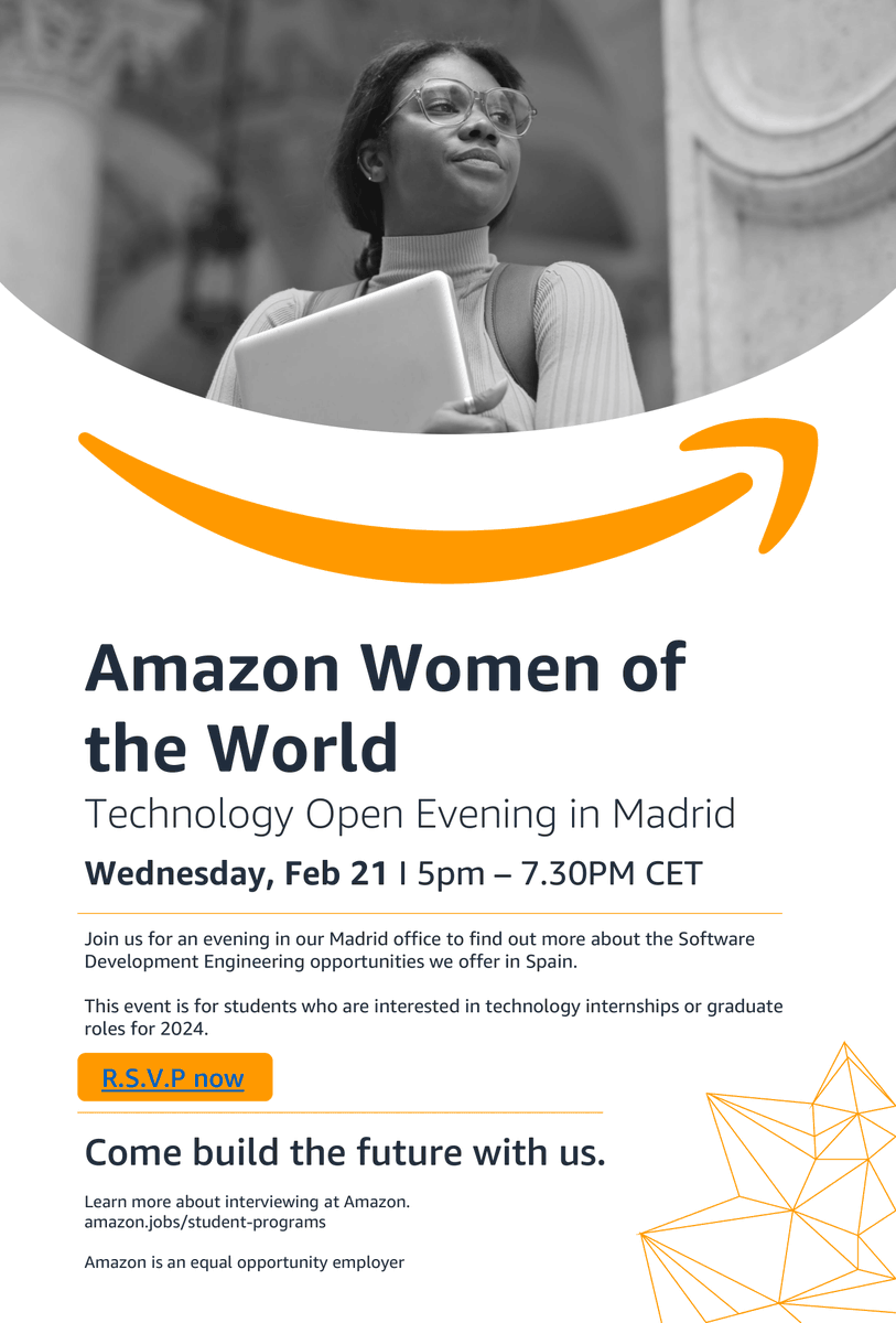<a href="/amazon/">Amazon</a> organiza un evento enfocado a mujeres en Tech en sus oficinas en Madrid, de cualquiera de los grados de <a href="/informaticaupm/">ETSI Informáticos</a> 

Varias ingenieras y líderes de Amazon hablarán sobre la trayectoria de sus carreras, y habrá un espacio para hacer networking

amazonwowmadrid.splashthat.com/BE