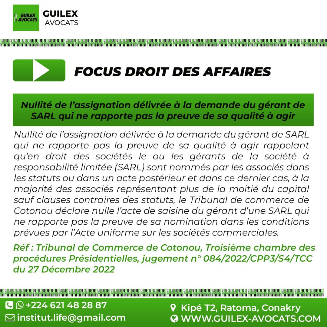 [FOCUS DROIT DES AFFAIRES]:Nullité de l'assignation délivrée à la demande du gérant de SARL qui ne rapporte pas la preuve de sa qualité à agir.

Les détails ⬇️⬇️

#droit #GuilexAvocats