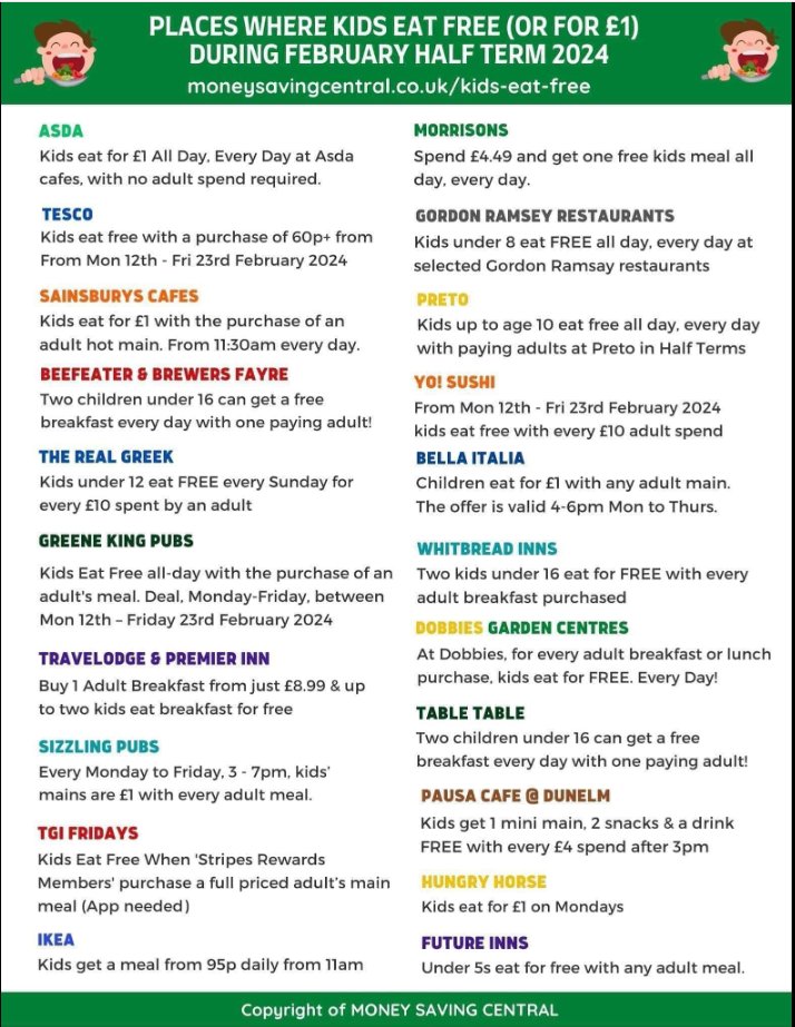 School holidays next week for the kids! Here's a list of deals where kids eat free or for £1. Always check the T&amp;C's