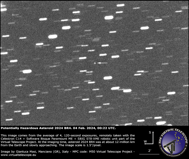 #ValentinesDay  potentially hazardous asteroid 2024 BR4 is coming relatively close (12X the average lunar distance) to us next 14 Feb. We imaged on 4 Feb., image below.
❗️👇❗️
Detailed info on virtualtelescope.eu/2024/02/05/val…