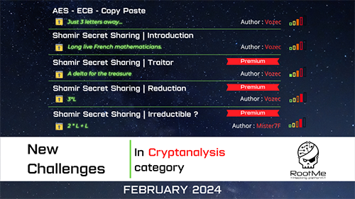 rootme_org's tweet photo. Are you a cryptanalysis enthusiast? 🤯Here are 5 new challenges, including 2 that will get your brains firing! Are you ready? 👉https://t.co/UVOVmE8GEd
Many thanks to the authors: @Vozec1 #Mister7F 👏 ! #Hackingchallenges #cybersecurity https://t.co/sqIWpaam8K