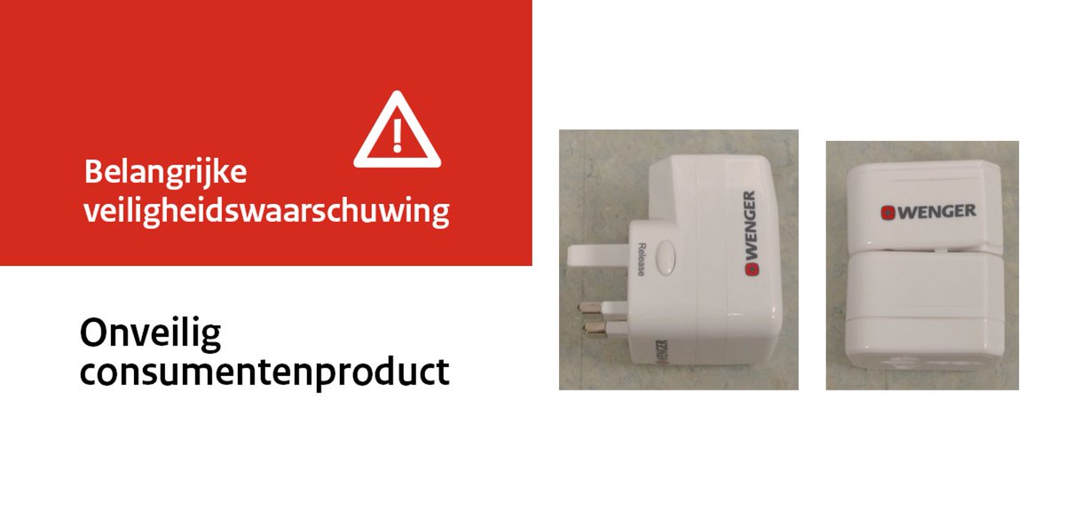 _NVWA's tweet photo. Veiligheidswaarschuwing Wenger universele reisadapter. Het product voldoet niet aan de veiligheidsnormen en kan elektrische schokken of brand veroorzaken. Gebruik het product niet! https://t.co/kmjUH1BvRR https://t.co/mWdPrRxb2e