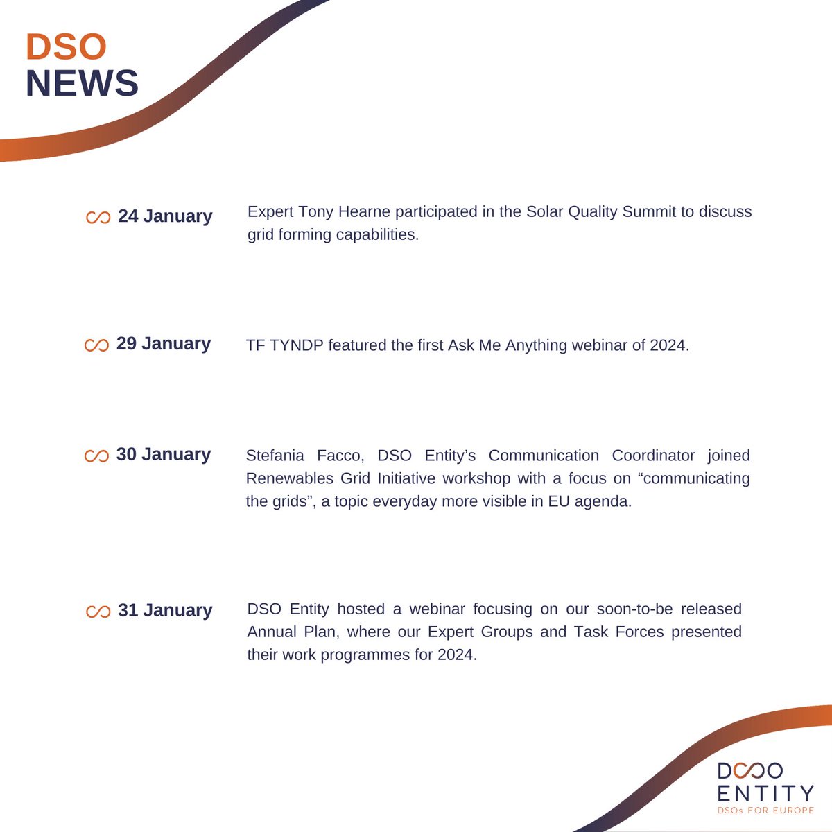 📣 The DSO Newsletter is out!

We're ready for this year's activities! 

We kicked off 2024:
📌w interventions at external events to discuss the importance of grids.

📌continuing #KnowledgeSharing, by hosting an Annual Plan presentation webinar & an AskMeAnything for TF TYNDP.