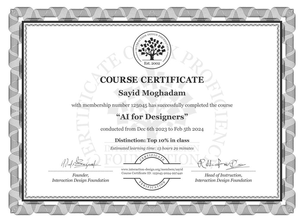 One more with @designwithixdf 
and special thanks to Ioana Teleanu
Sayid Moghadam’s Course Certificate: AI for Designers interaction-design.org/members/sayid/… #ux #ixdf