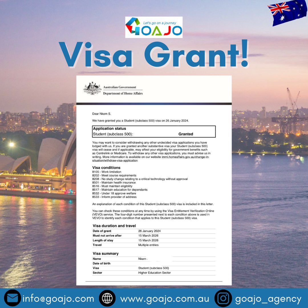 GOAJO's tweet image. This is how we start our week at Goajo!

Congratulations Nkem and Salamatu 
Australia can’t wait to have you! 

What’s your study destination? 
Let’s Go On A JOurney

#visagrant