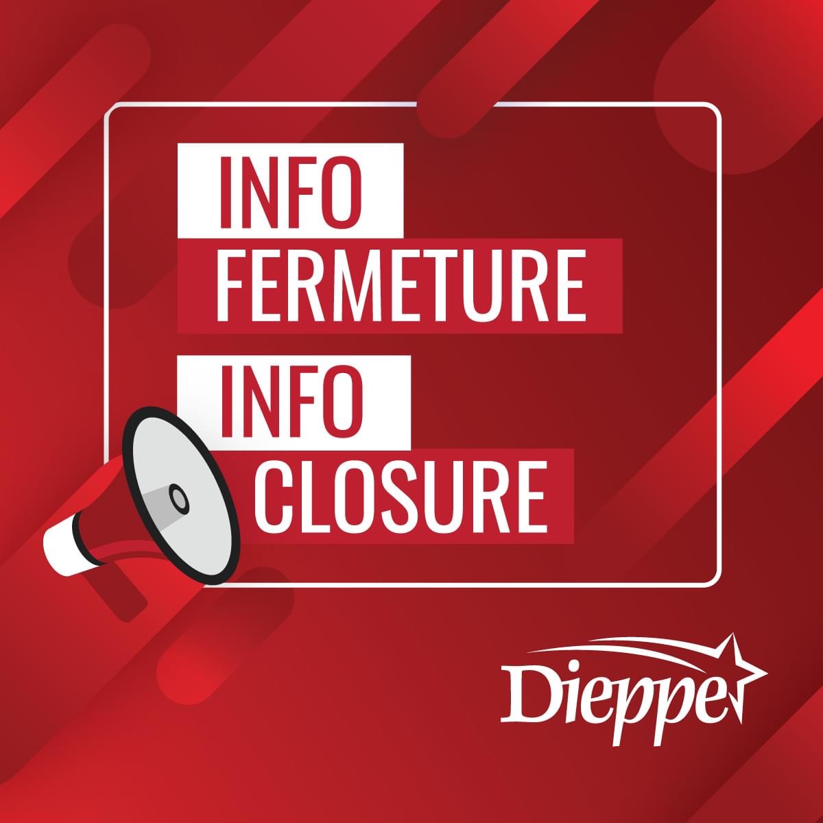 Veuillez prendre note que l’hôtel de ville et nos installations récréatives seront fermés jusqu’à 13 h en raison de la météo. ❄️ 🔗 Pour les mises à-jour: dieppe.ca/fermeture ou composez le 506.384.DIEP (3437)
