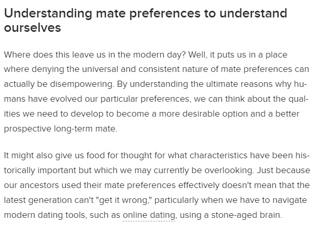 DrThomasAG's tweet photo. Denying the universal nature of mate preferences can actually be disempowering. By understanding the ultimate reasons why we have evolved our particular preferences, we can think about the qualities we need to develop to become a more desirable option

https://t.co/6lgEC5XQZe https://t.co/0seJ2INfe9