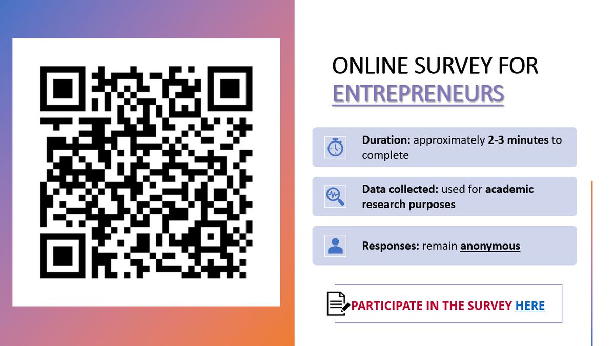 📢📢 Online Survey FOR ENTREPRENEURS 📢📢

✔️Duration: approximately 2-3 minutes to complete
✔️Data collected: used for academic research purposes
✔️Responses: remain anonymous

👉Participate in the survey here: lnkd.in/erpBpAX7