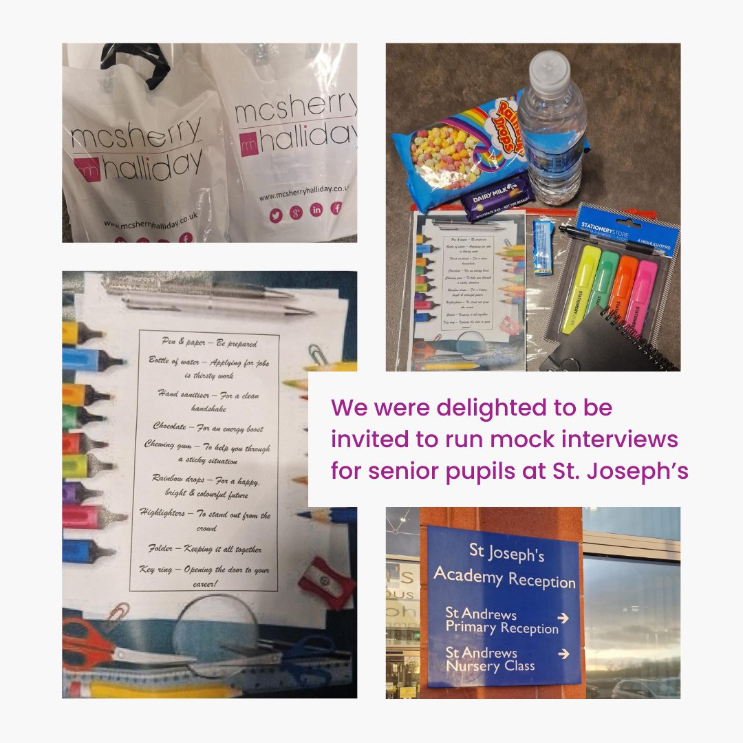 Catherine was delighted to go along to @StJoAcad to conduct #mockinterviews with senior pupils last week. We provided 'interview survival kits' and the mock interviews went great. Wishing them success in the future! 🤞✨