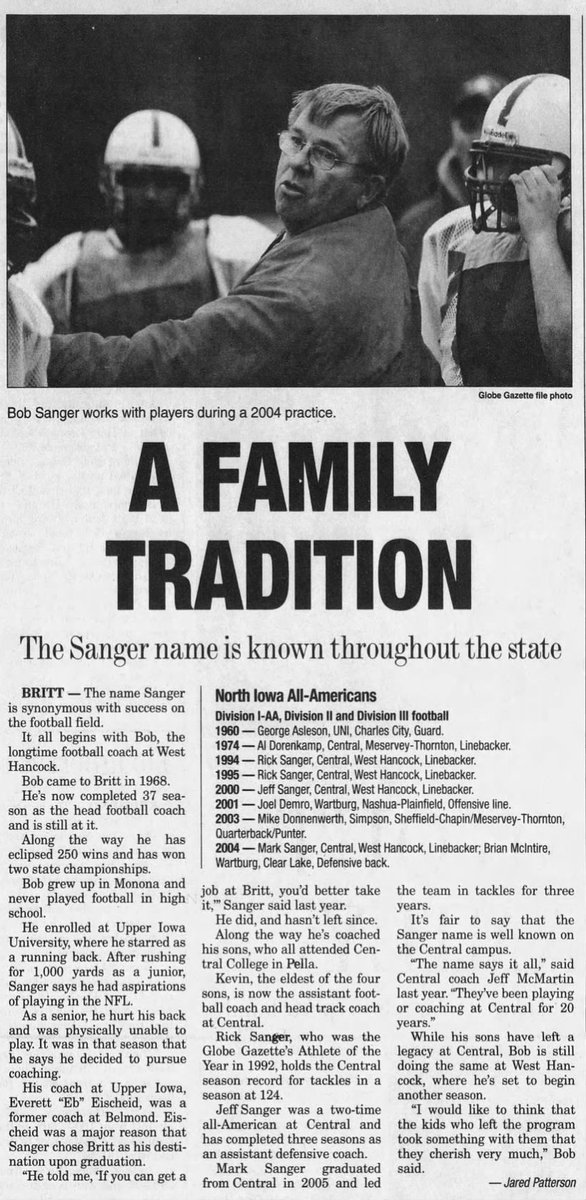 Iowa History Daily🧵: On February 5, 2020, legendary Britt West Hancock football coach Bob Sanger passed away. Over 52 years, Sanger led the Eagles to 358 wins, seven state title appearances, and three state championships. #IowaOTD