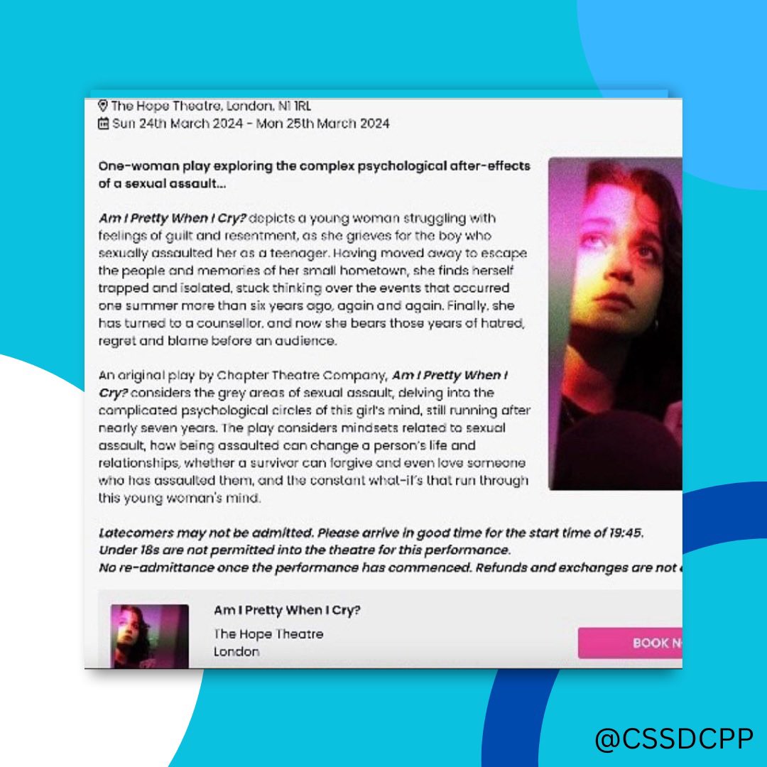 rcssdcpp's tweet image. Join us for an unforgettable couple of nights of talent as our first-year writers and DATE students present 'Am I Pretty When I Cry?' Catch the amazing Morgan Ferguson on stage at the Hope Theatre on March 24th and 25th. 🎟️
Tickets available At ticketsource.co.uk/thehopetheatre…