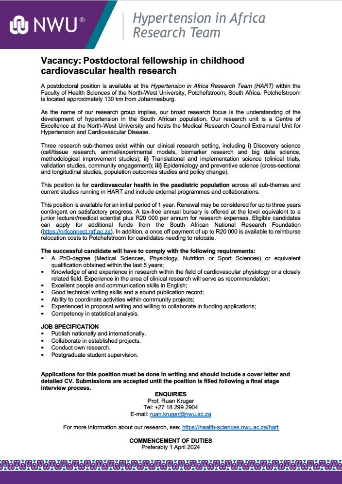 Interested in a postdoctoral fellowship in childhood cardiovascular health? See information here 👇👇🏾 to apply @NWU_HART @ExaminYouthSA @AfricanPredict @theNWU