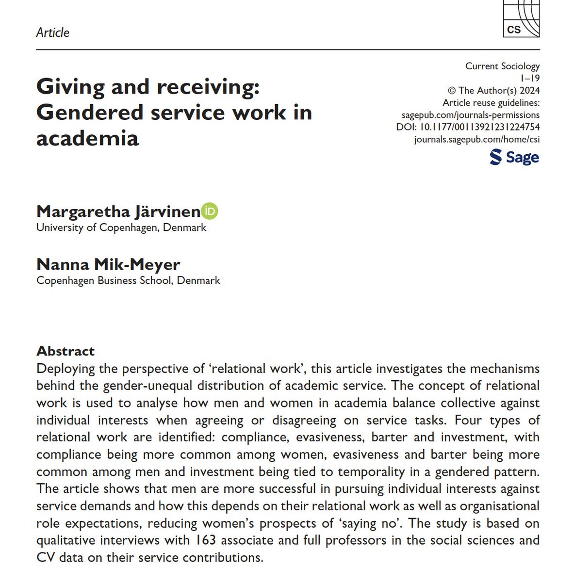 This new article by Järvinnen &amp; Mik-Meyer on "gendered service work in academia" made me go through all stages of grief on a loop and I think EVERYONE in academic should read it 👇journals.sagepub.com/doi/abs/10.117…