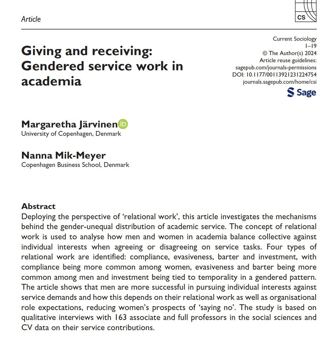 This new article by Järvinnen & Mik-Meyer on 'gendered service work in academia' made me go through all stages of grief on a loop and I think EVERYONE in academic should read it 👇journals.sagepub.com/doi/abs/10.117…