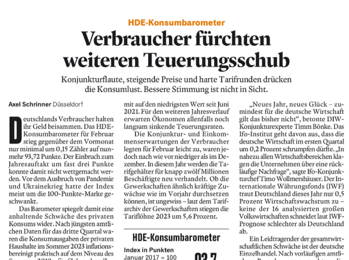 BakerMcGER's tweet photo. Heute im @handelsblatt: HDE-#Konsumbarometer: Verbraucher fürchten weiteren Teuerungsschub - #Konjunktur-Flaute, steigende #Preise und harte Tarifrunden drücken die Konsumlust. Bessere Stimmung ist nicht in Sicht #Konsum https://t.co/Dl3vXldWoj