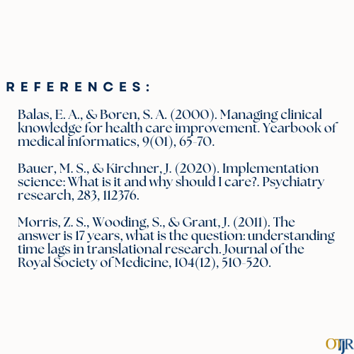 OTJRJournal's tweet photo. Closing the gap between research and practice is crucial for advancing #OT! How are you accessing and using evidence-based interventions in your practice?

#OccupationalTherapy #ResearchToPractice #EvidenceBasedPractice #translationalresearch #OTP #OTLife #OTstudent #OTRL #OTP https://t.co/vAZ3yjAysj