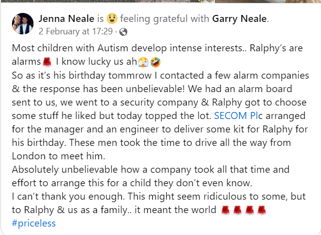 secomplc's tweet photo. SECOM HQ received a heartwarming request from Jenna Neale, whose son, with autism, adores fire alarms. Touched by their story, our team prepared some alarms and fire kit for a surprise birthday delivery. Happy Birthday from all of us at SECOM! 🎉🚒🔔 #SECOMSurprise https://t.co/9YvGYwZkR6