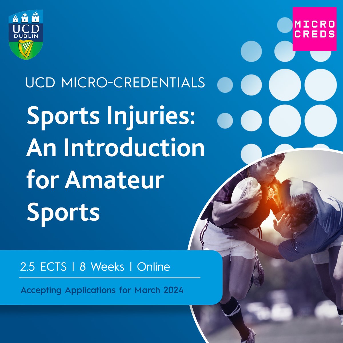 Do you work or volunteer in amateur sports?⚽ Our NEW 'Sports Injuries: An Introduction for Amateur Sports' from @ucd_sphpss will start 18 March 2024. Apply today ucd.ie/microcredentia… #UCD #Sport