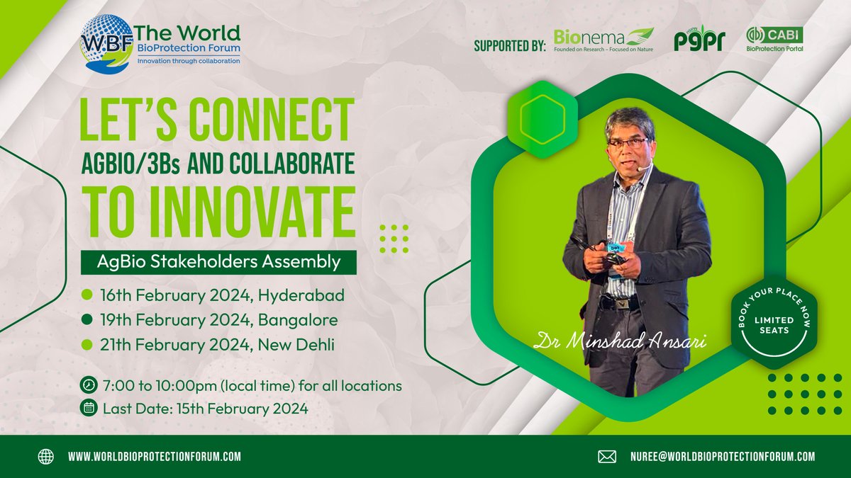 WBForum_'s tweet photo. Let's shape the future of agriculture together! Join us at the AgBio/3Bs Stakeholders Assembly.

https://t.co/lDyQGD4u6U

#SustainableAgriculture #AgBio #India #Biologicals #Stakeholders https://t.co/foIrdQcTvg