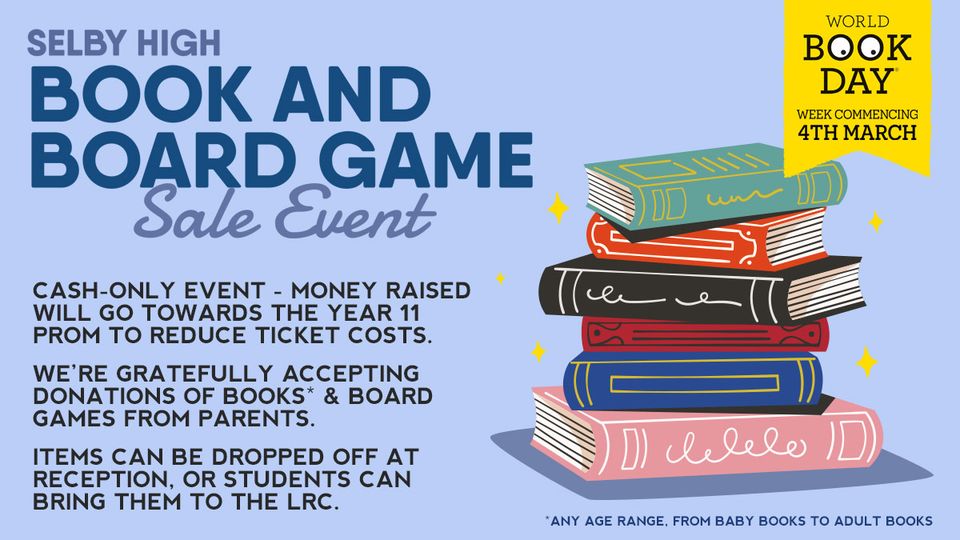 LRCSelbyHS's tweet photo. Are you having a spring clean and sort out? If so, we are gratefully accepting donations of books (any) and board games for our sale event in March (see details below). Donations can be dropped off in the reception, or students can bring them to the LRC. Thank you! https://t.co/0828tB0jo1