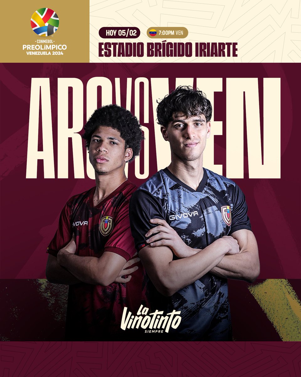 SeleVinotinto's tweet photo. ¡𝐉𝐔𝐍𝐓𝐎𝐒! ¡𝐇𝐎𝐘 𝐉𝐔𝐄𝐆𝐀 𝐋𝐀 𝐕𝐈𝐍𝐎𝐓𝐈𝐍𝐓𝐎! 🇻🇪

Inicia nuestra senda en la Fase Final del #CONMEBOLPreolímpico ante Argentina 𝒆𝒏 𝒄𝒂𝒔𝒂

⌚️ 7:00 PM
🏟️ Brígido Iriarte
📺 @Canal_Televen @TvesSonrie @DSports 
📻 @FMCenterNoticia @millennialsfm 

#SiempreVinotinto https://t.co/24yCJw9YRA