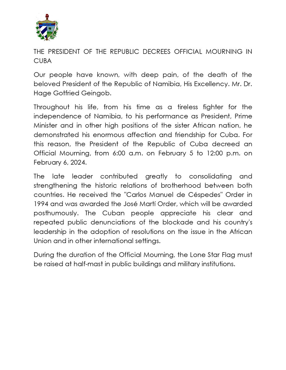 svigoa1's tweet photo. President Miguel Díaz-Canel Bermúdez decrees official mourning in #Cuba🇨🇺 for the death of the late President Hage Geingob
@NamPresidency @VPSWAPO @NShaningwa @MIRCO_NAMIBIA @CubaMINREX @PresidenciaCuba @SWAPONamibia @SPYLOfficial @NBCDigitalNews @EmbaCubaNamibia https://t.co/RuvRaS1cHt