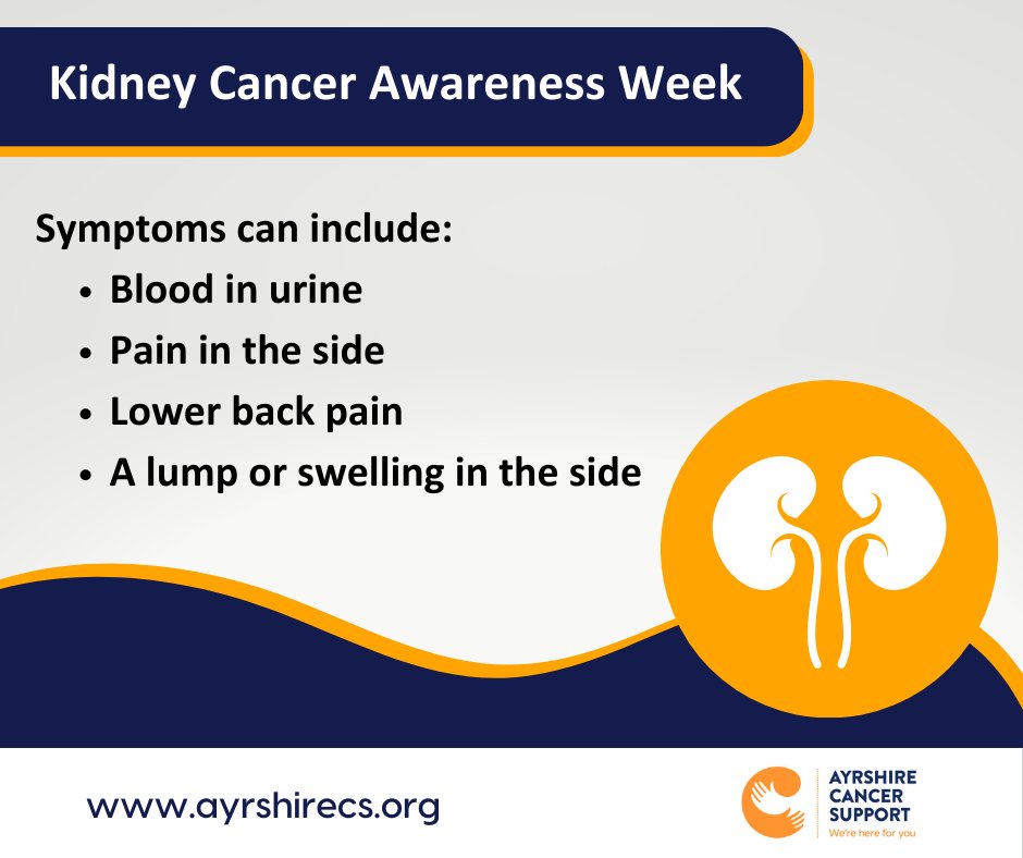 ayrshirecancer's tweet photo. This week is #KidneyCancerAwarenessWeek.
Although kidney cancer often has no symptoms, the most common symptoms include blood in the urine, pain in the side, or lower back pain. For further info see @kidneycanceruk. https://t.co/Odgmf8N3kV
