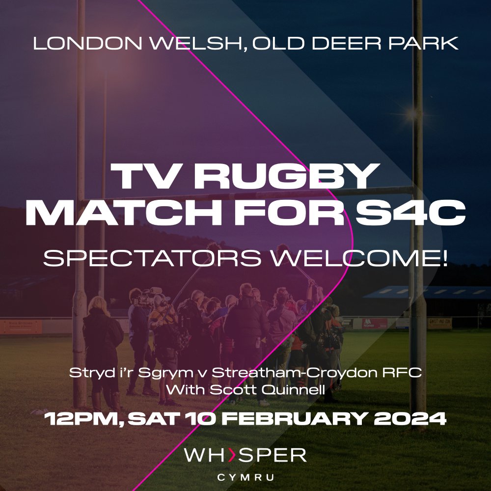 Spectators are welcome at <a href="/LondonWelshRFC/">London Welsh RFC</a> this Saturday! To watch a rugby match being filmed by <a href="/WhisperCymru/">Whisper Cymru</a> for <a href="/S4C/">S4C 🏴󠁧󠁢󠁷󠁬󠁳󠁿</a>

Stryd I'r Sgrym v Streatham Croydon RFC

The conclusion to Stryd I'r Sgrym, now showing on S4C, Tuesdays at 9pm.
More: bit.ly/42vqYoe
#MakeItHappen