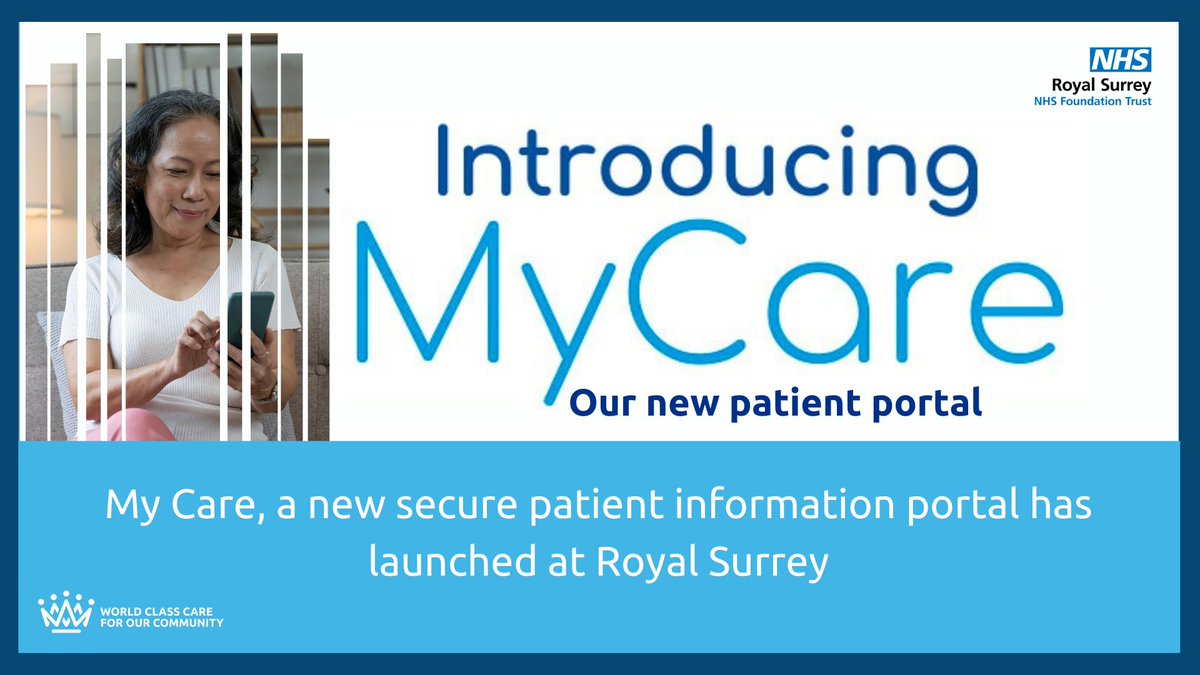 MyCare, a new secure patient information portal, has launched at Royal Surrey NHS Foundation Trust. 

Eligible patients should look out for a message from NHSMYCARE and visit our website for more information: ow.ly/Or7Y50QwPB6 

#MyCare #PatientPortal #Digital