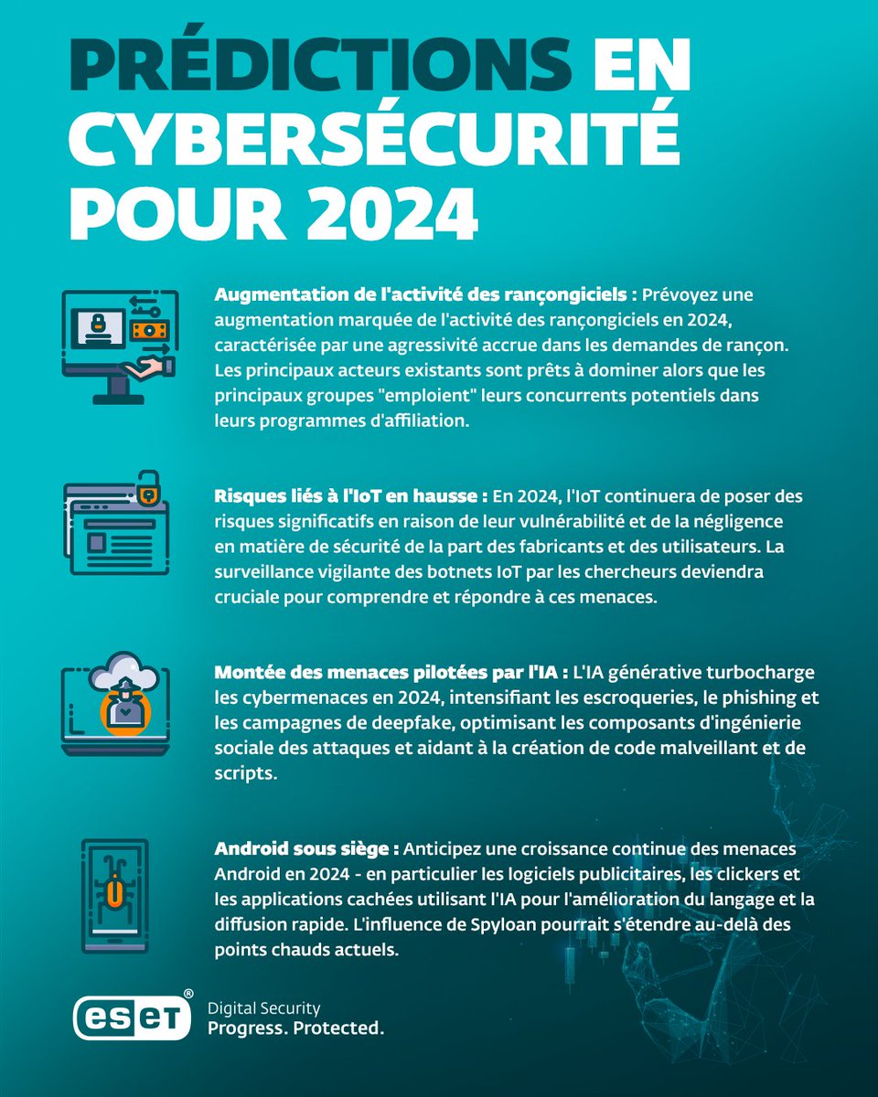 🛡️✨ Quel sera l’avenir de la cybersécurité en 2024 ?
Gardez une longueur d’avance sur les menaces et restez en sécurité grâce à ESET Research et aux prévisions pour 2024. 💻🔒 

#ESET #ProgressProtected #cybersecurite #2024Tech