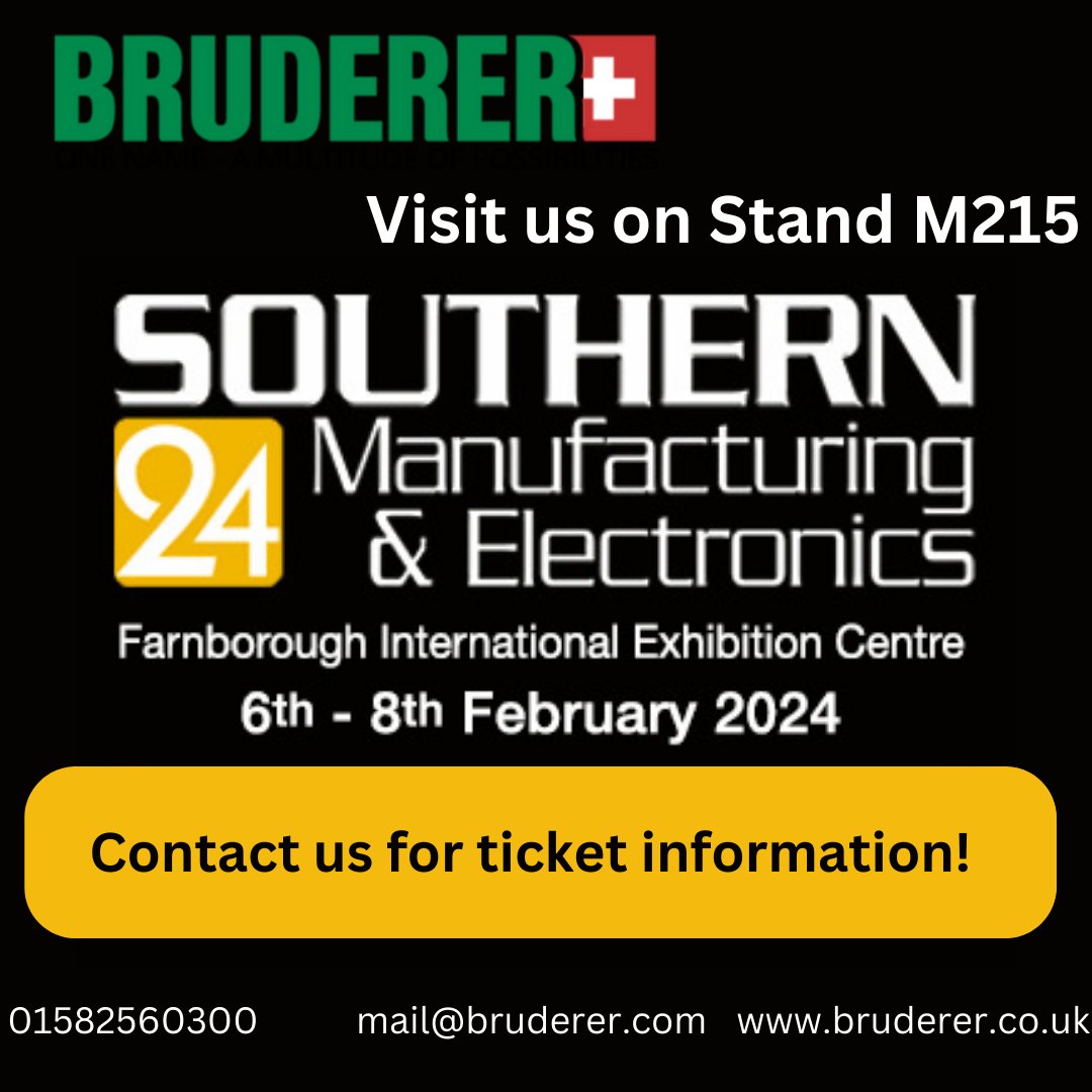 BrudererUK's tweet photo. TOMORROW IS THE SOUTHERN MANUFACTURING AND ELECTRONICS 2024! At the Farnborough International Exhibition Centre from the 6th-8th February, we're there exhibiting our portfolio. Contact us at mail@bruderer.com for ticket information.

#Bruderer #Southernmanufacturingandelectronics https://t.co/YQxWCktKwy