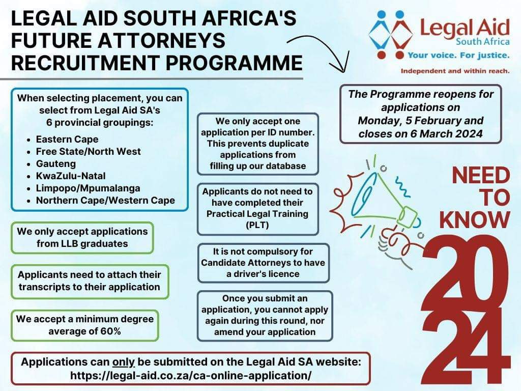 Legal_corner_'s tweet photo. PLEASE NOTE: Legal Aid South Africa's Future Attorneys Recruitment Programme is open for applications. 

Applications close on 6 March 2024.

If you have any questions about the Programme, please visit: https://t.co/MIXret8wtc https://t.co/tuM2xPi9z9