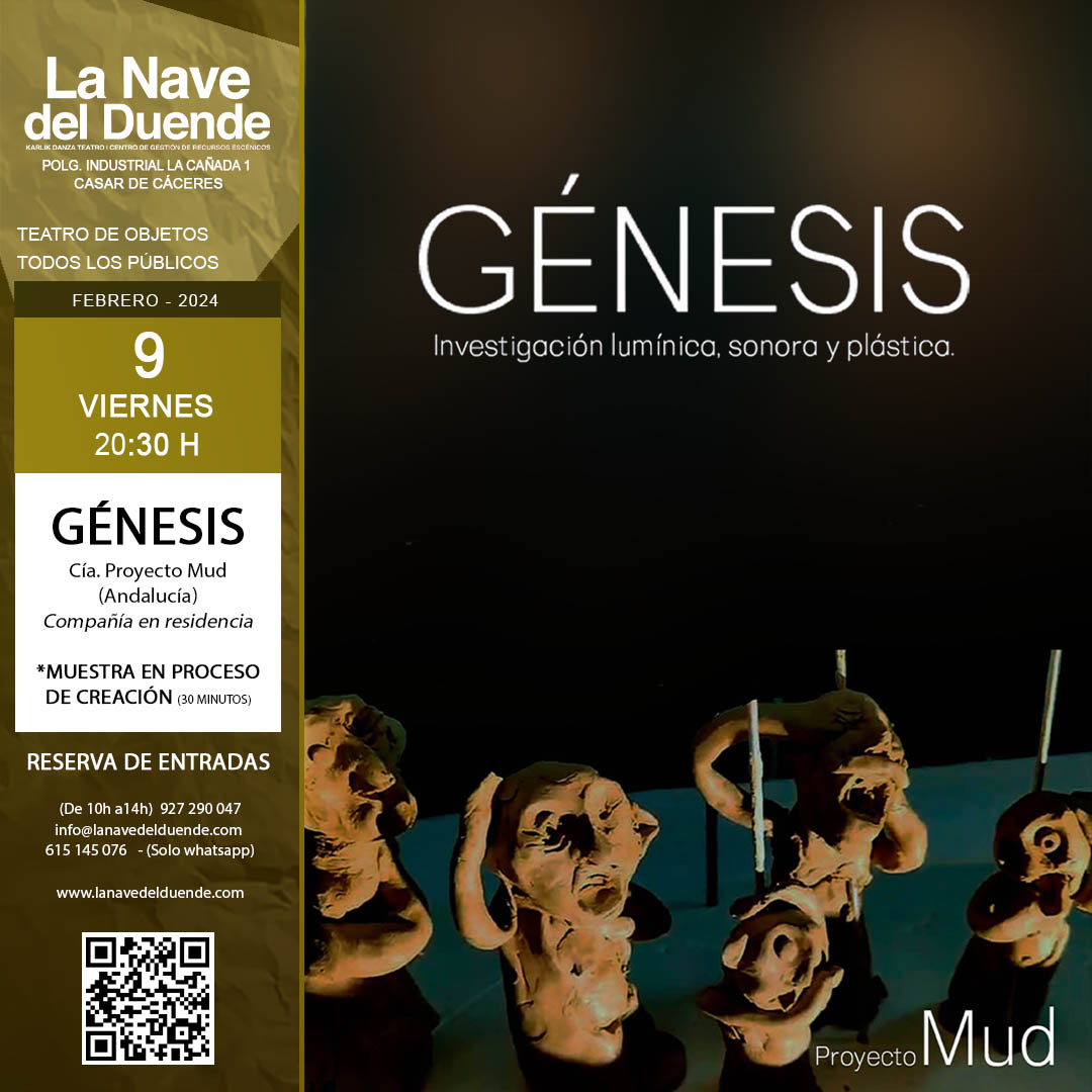 🎭 Este fin de semana tenemos 𝐓𝐄𝐀𝐓𝐑𝐎 𝐃𝐄 𝐎𝐁𝐉𝐄𝐓𝐎𝐒

🔴 𝐆𝐄𝐍𝐄𝐒𝐈𝐒 
2024 | VIE 9 DE FEBRERO | 20:30 H 
𝐓𝐞𝐚𝐭𝐫𝐨 𝐝𝐞 𝐨𝐛𝐣𝐞𝐭𝐨𝐬 | Todos los públicos 
Cía. Proyecto Mud (Andalucía) 
Compañía en residencia
Muestra en proceso de creación (30 minutos)