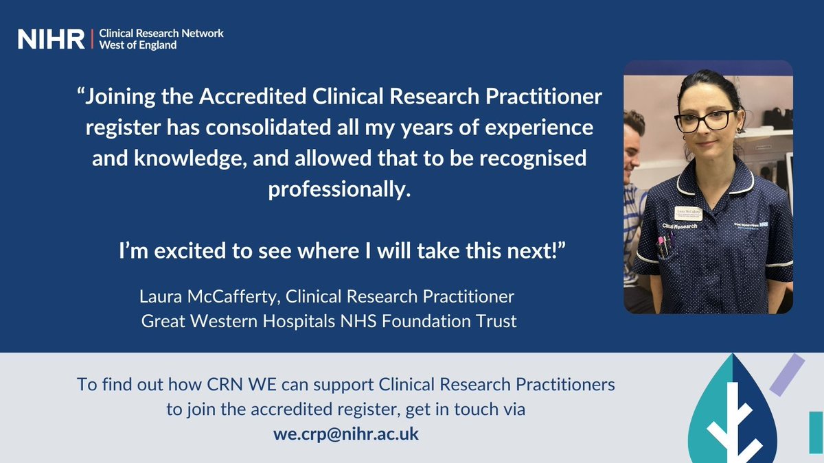 Congratulations to Laura McCafferty, @GWH_NHS first registered CRP! Laura is also one of the first in the region to achieve registration through the Experienced Practitioner route. Read more about Laura’s experience here: local.nihr.ac.uk/news/celebrati…