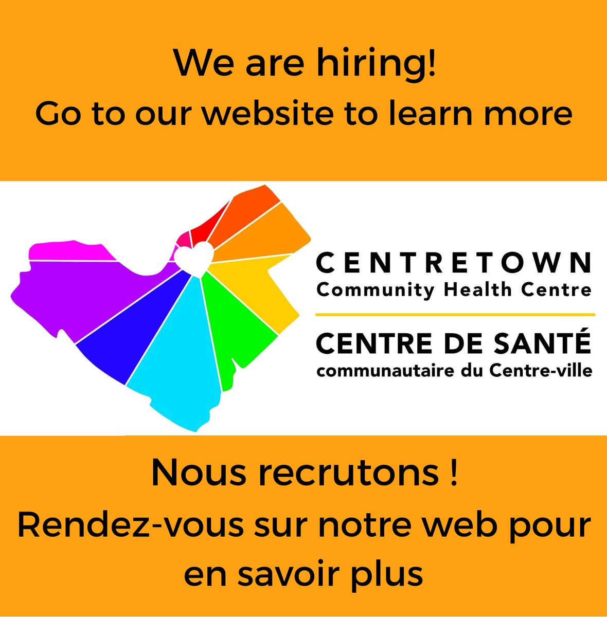 We are hiring! Go to our website to learn more - Nous recrutons ! Rendez-vous sur notre web pour en savoir plus. centretownchc.org/careers
