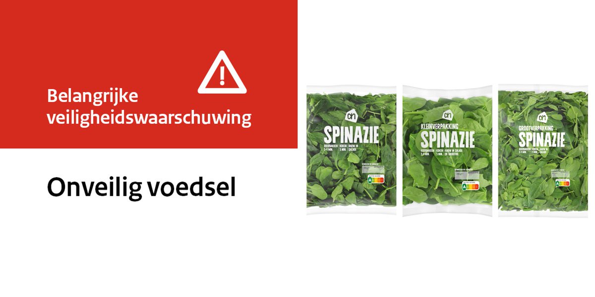 Veiligheidswaarschuwing Spinazie 200 gram, 400 gram en 600 gram van Albert Heijn. Het product bevat een te hoog gehalte van gewasbeschermingsmiddel acetamiprid. Dit kan gevaarlijk zijn voor de gezondheid. Eet het product niet! ah.nl/mededeling