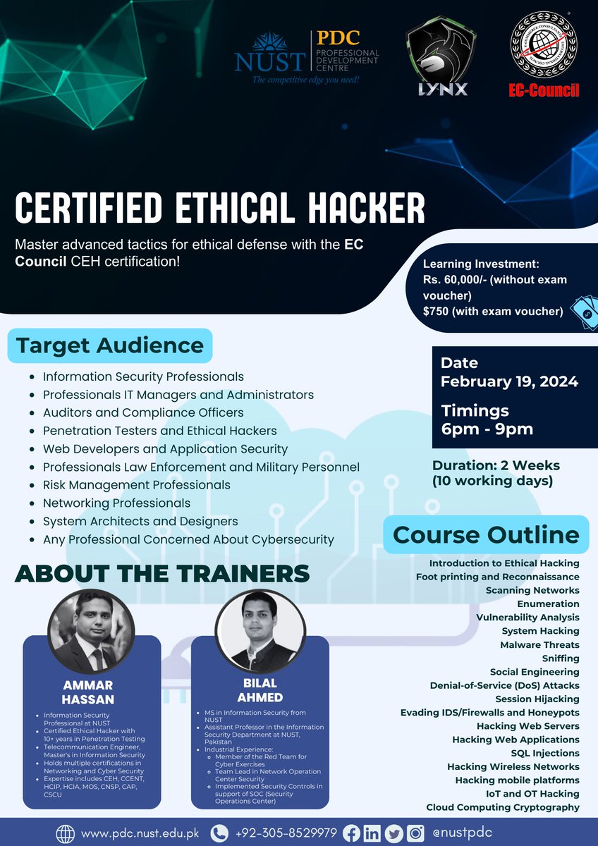 The clock is ticking! Secure your spot for our @ECCOUNCIL Certified Ethical Hacker course, in collaboration with Lynx InfoSec. Don't miss the chance to enhance your skills and become a cybersecurity expert. Register now: t.ly/I2HyT #nustpdc